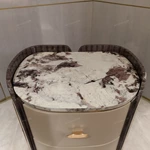 Oval Marble-Top SideTable with Fan-Stitched Leather Panels and Two Drawers